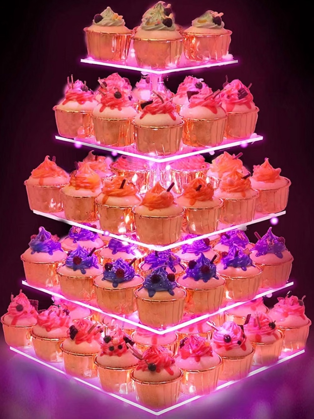 Clear Acrylic 5-Tier Cupcake Stand with Pink LED Lighting